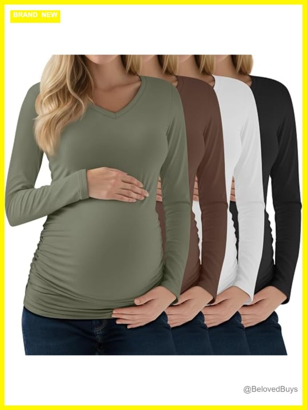 4 Pack Maternity Long Sleeve V Neck Tops Side Ruched Casual Tunic Tees